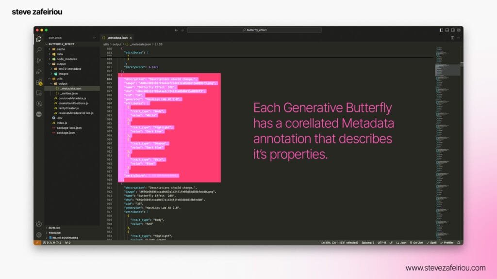 Butterflty Art: Each Generative Butterflyhas a corellated Metadataannotation that describesit’s properties.