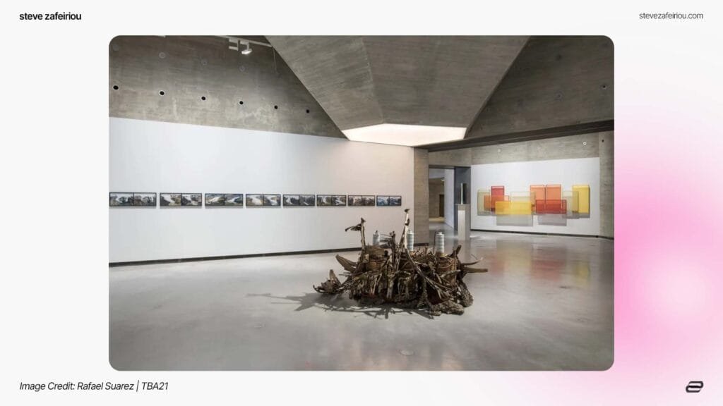 Exhibition view of Olafur Eliasson’s 'Abundant Futures' at Centro de Creación Contemporánea de Andalucía (C3A), Córdoba, Spain, 2022. The installation combines sculptural elements and dynamic visuals, reflecting environmental and climate themes. Photo by Rafael Suarez, TBA21.