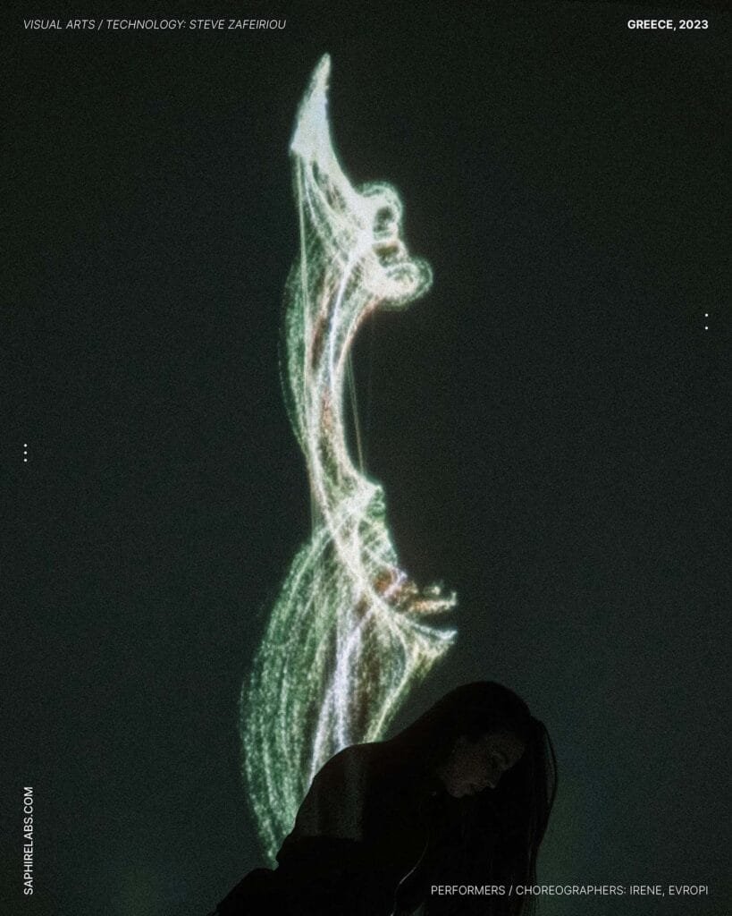Projection Mapping Tutorial: Dancer performing with dynamic projection mapping visuals, featuring real-time interaction and stunning light art installations in Greece, 2023.