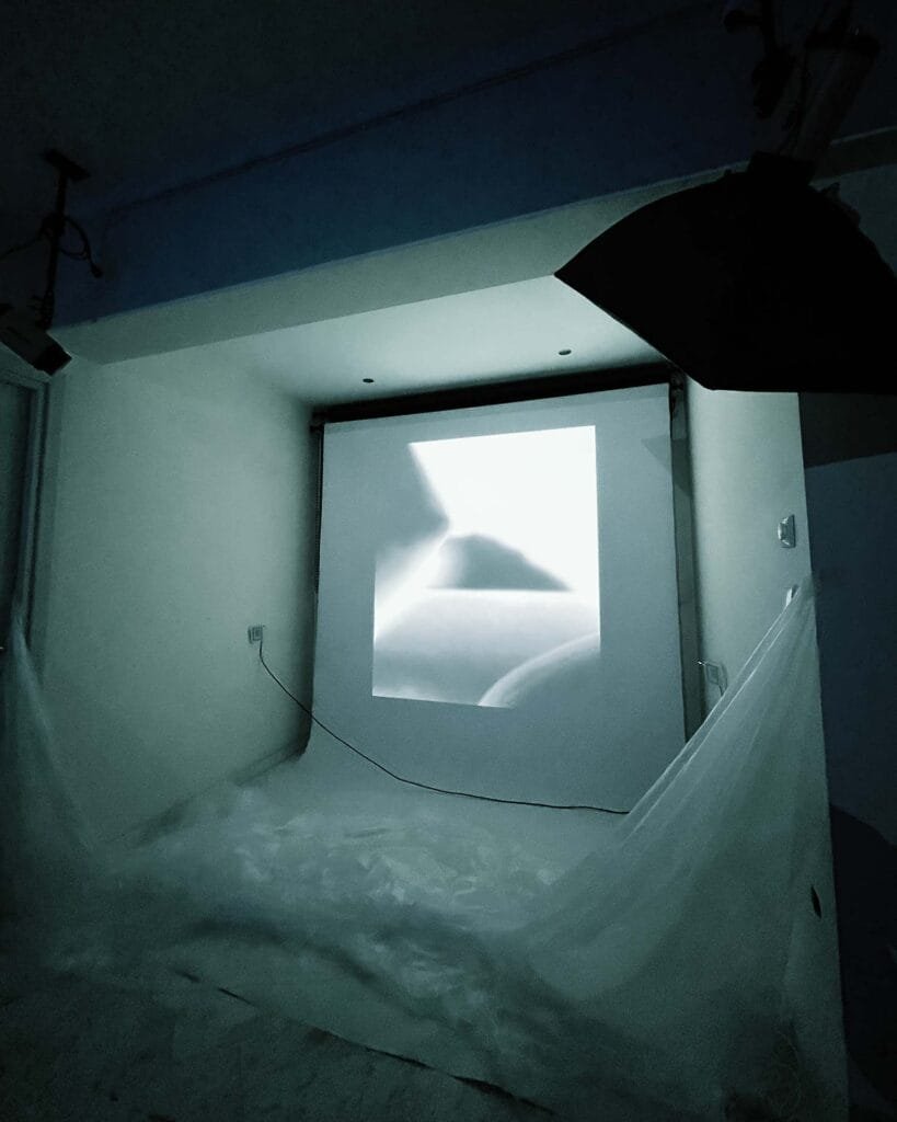 Studio setup for projection mapping experiments, showcasing tools and creative workflows for interactive digital art.