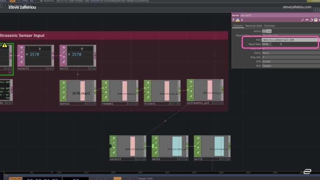 TouchDesigner setup for processing Ultrasonic Sensor data via Serial DAT, showcasing baud rate configuration and data flow through nodes like DAT to CHOP, Rename, and Filter for interactive visualization.