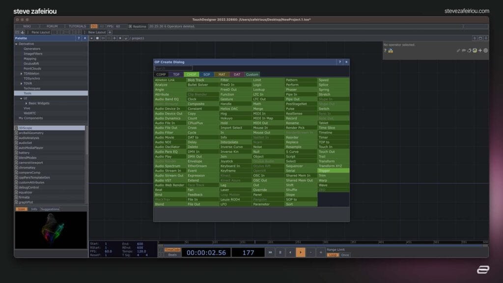 TouchDesigner OP Create Dialog with CHOP (Channel Operators) options, showcasing tools like LFO, Math, and Feedback for creating audio-reactive visuals and real-time control systems.