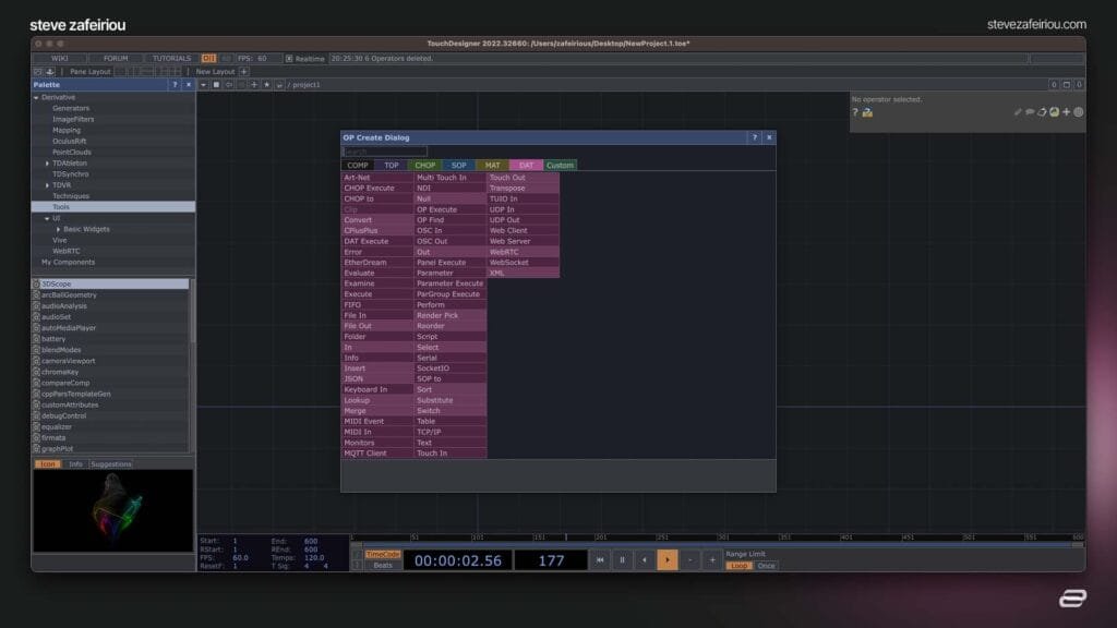 TouchDesigner OP Create Dialog showcasing available DAT operators, such as XML, WebSocket, and MIDI Event, used for managing and processing data inputs in interactive media projects.