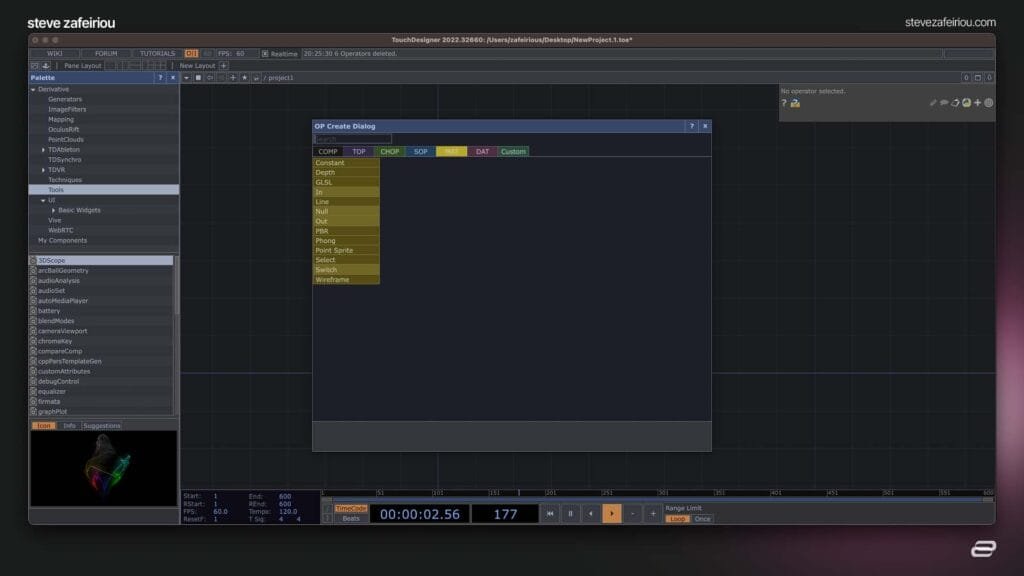 TouchDesigner OP Create Dialog highlighting available MAT operators, including GLSL, PBR, and Phong, essential for applying custom shaders and material effects to 3D geometries.