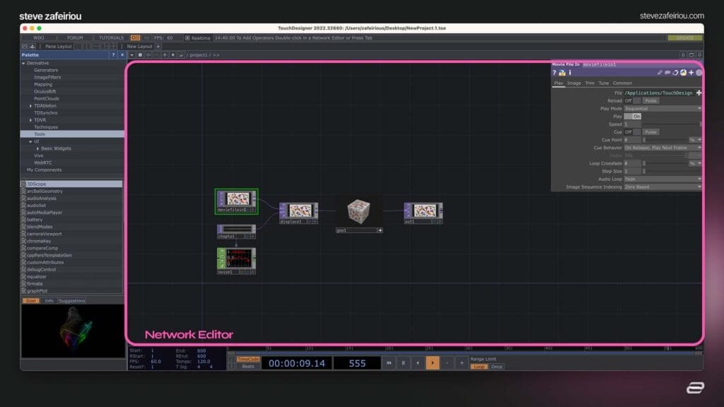 TouchDesigner tutorial for beginners: Network Editor displaying a structured node layout, including Movie File In, Displace TOP, and Geometry nodes, showcasing real-time visual programming for interactive projects