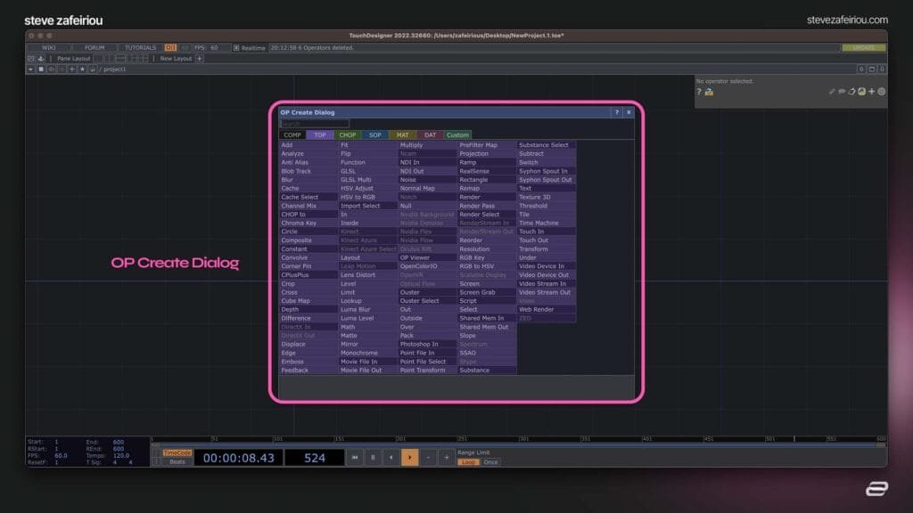 touchdesigner op create dialog