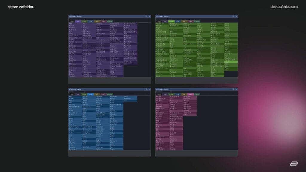 Comprehensive TouchDesigner OP Create Dialog displaying all operator categories, including CHOPs, TOPs, SOPs, DATs, and MATs, for building versatile real-time interactive media projects