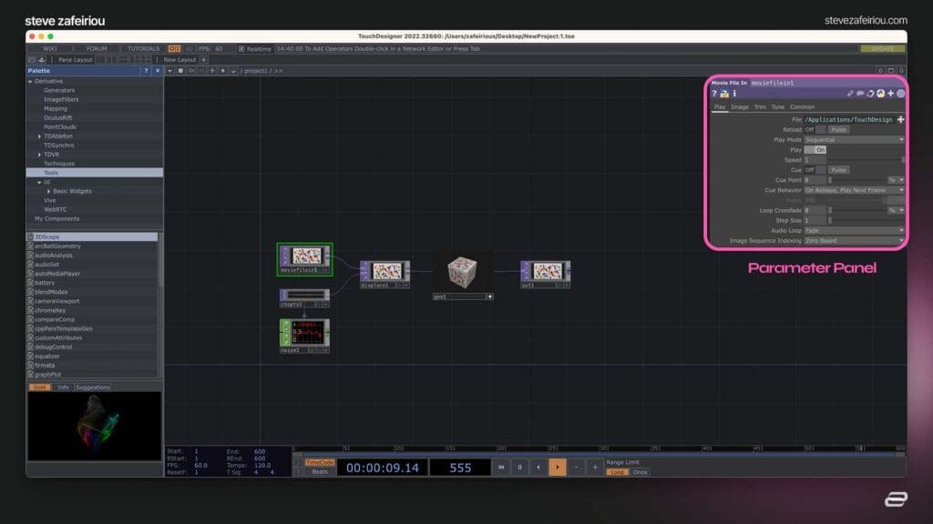 TouchDesigner interface focusing on the Parameter Panel, highlighting the Movie File In TOP settings for precise control of real-time media playback in visual programming.