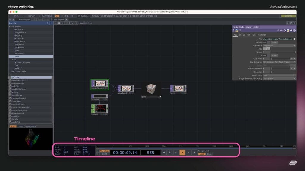 TouchDesigner Timeline interface showcasing frame control, looping options, and FPS settings for precise animation and sequencing in real-time projects.