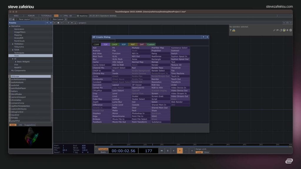 TouchDesigner OP Create Dialog displaying TOP (Texture Operators) options, such as Blur, Displace, and Noise, designed for real-time image processing and visual effects.