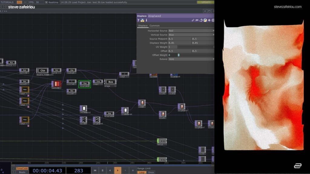 TouchDesigner tutorial for beginners: Network interface showcasing a creative project using Displace TOP for real-time generative visuals, featuring intricate node connections for interactive and audio-reactive effects. Ideal for TouchDesigner beginners and advanced users exploring visual programming.