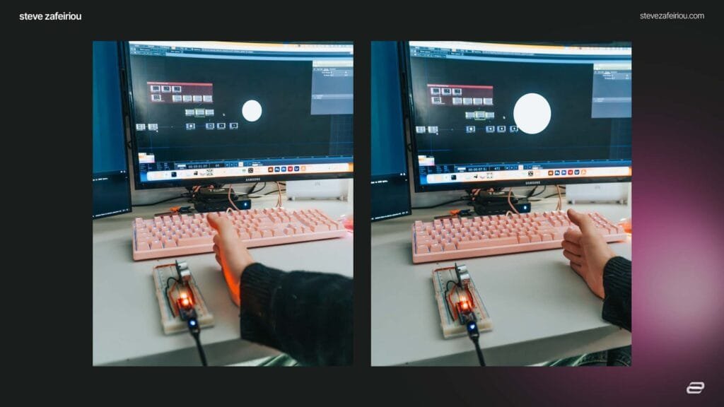 Dual-frame demonstration of Arduino and TouchDesigner integration, with an Ultrasonic Sensor controlling circle visuals in real-time based on hand movement data.