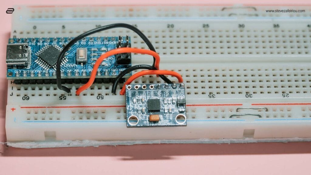 Zoomed-in view of an MPU6050 sensor setup placed on a breadboard, used for detecting acceleration, angular velocity, and motion tracking applications.