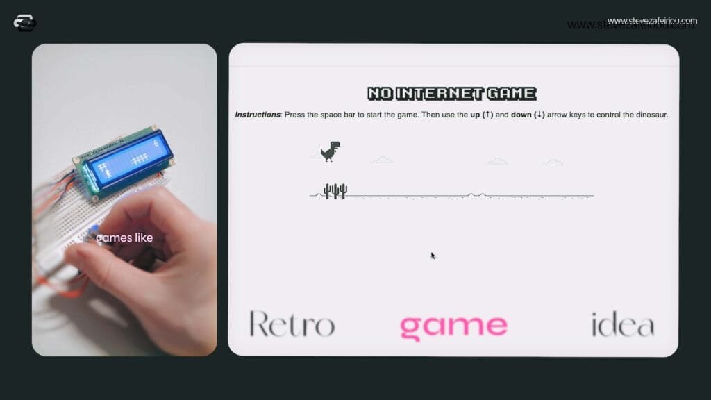 Retro-inspired DIY Arduino arcade console showing an LCD display alongside Chrome's popular 'No Internet Dinosaur Game' as inspiration for Arduino game projects.