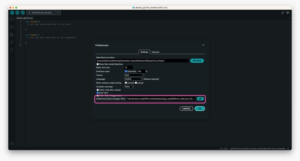 Arduino IDE preferences showing ESP32-S3 board manager URL setup for installing Waveshare ESP32-S3 1.69 inch display support