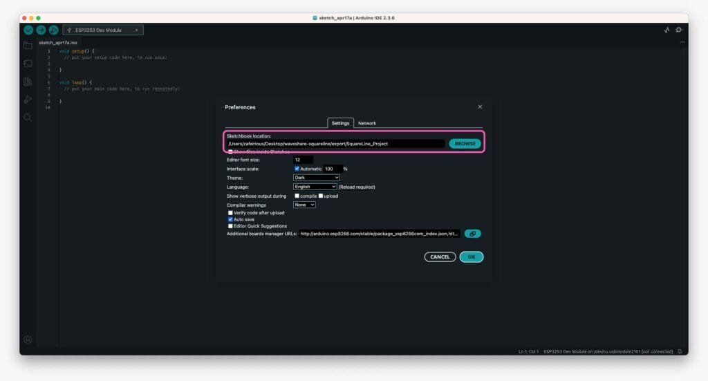 Arduino IDE sketchbook location settings configured for SquareLine Studio export files targeting ESP32-S3 GUI development