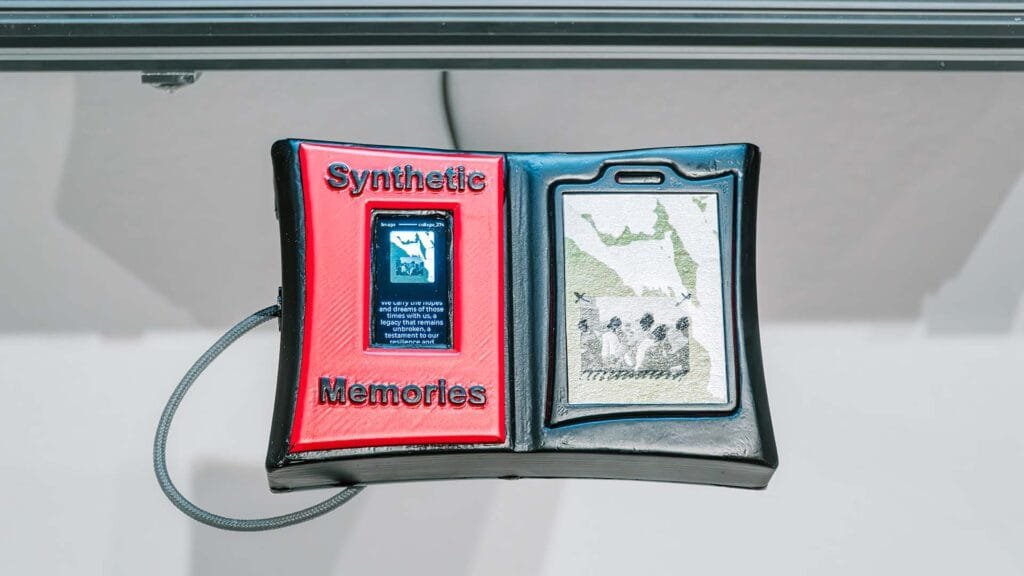 Close-up of a 'Synthetic Memories' interactive wearable device featuring a red and black 3D-printed casing with an embedded ESP32 screen and a nostalgic photo display.