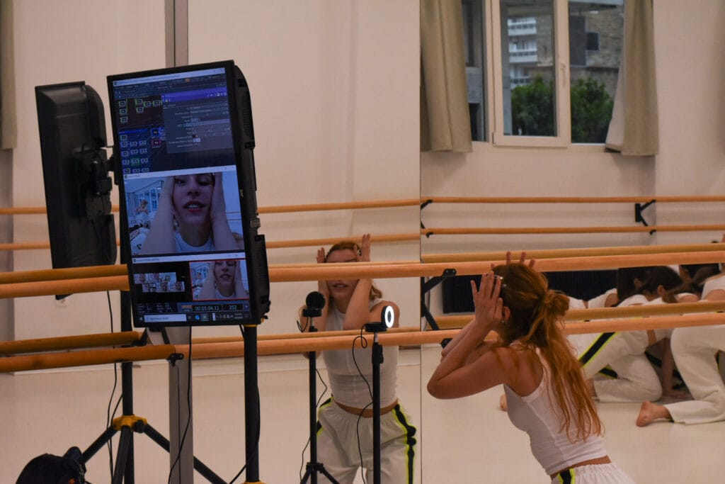 High-resolution photograph capturing a detailed view of the installation shot ‘DSC_0411’ showing contemporary art-tech exhibition lighting and mixed media elements within a clean gallery space