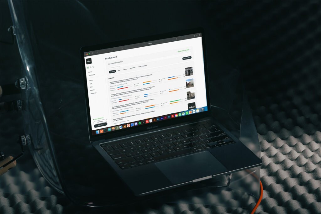 Mock-up of a Konnekt Index Alerts dashboard screen showing real-time alert notifications, smart IoT connectivity indicators and clean UI design