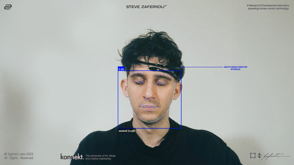 Architecture of Human Attention: Steve Zafeiriou wearing an Emotiv EEG brain-computer interface headset, demonstrating neural activity tracking for interactive art and human attention research.