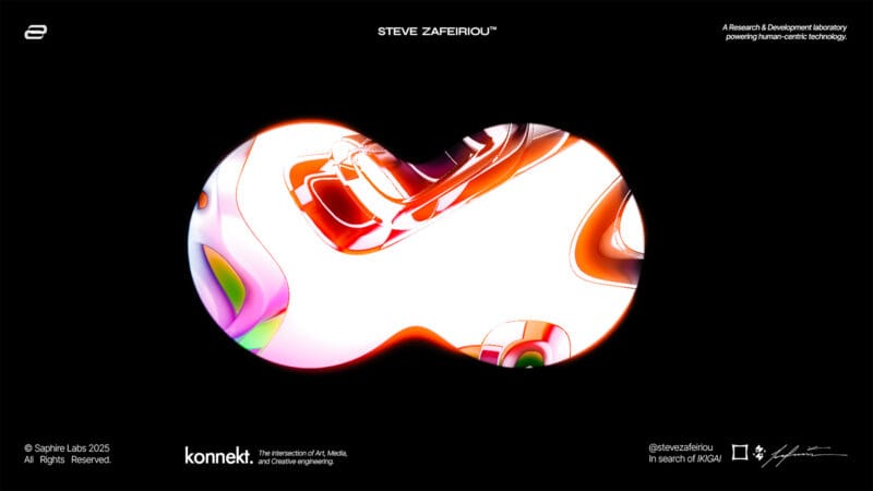 Abstract digital artwork by Steve Zafeiriou (Saphire Labs 2025) featuring an organic, lens-shaped form with vivid gradients of red, orange, pink, and green set against a black background. The image symbolizes the fusion of AI, perception, and human creativity, aligning with the konnekt initiative exploring the intersection of art, media, and creative engineering.