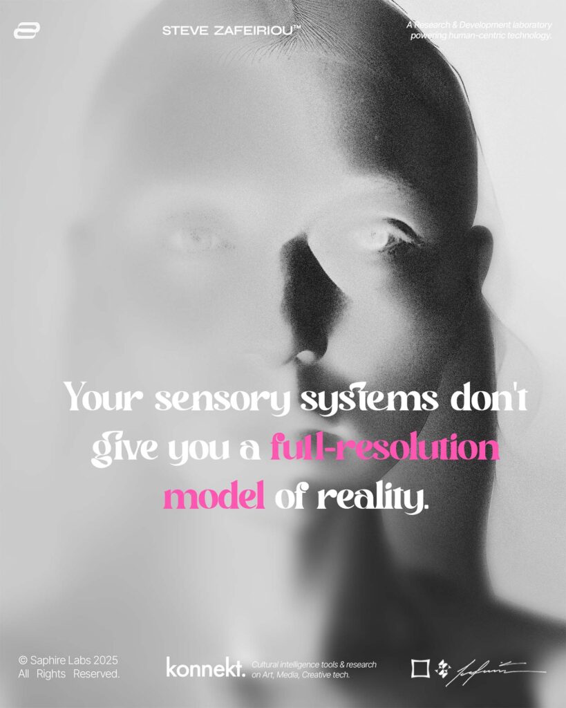 Immersive digital art scene illustrating the idea that perception is not reality, showing shifting light and sensory distortion inside an interactive installation.