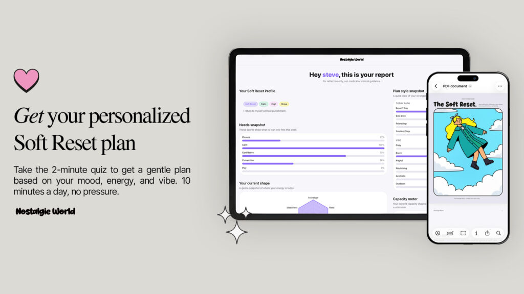 Rarity, Identity, and Meaning: Building a Generative Universe 30 Nostalgie world (generative universe), banner illustration showing a tablet and iphone with personalized soft reset plan