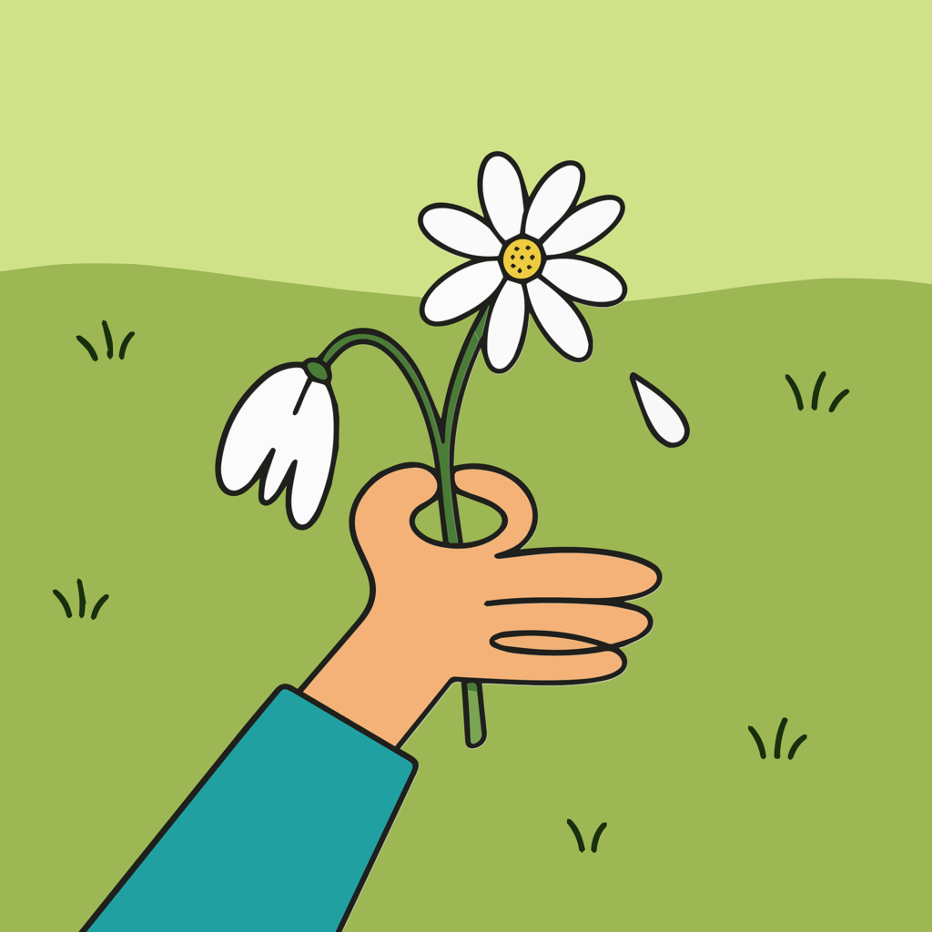 Illustration of a hand holding a flower, in the grass, representing Play Bonded as a question game for deeper conversations and human connection.