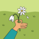 Illustration of a hand holding a flower, in the grass, representing Play Bonded as a question game for deeper conversations and human connection.